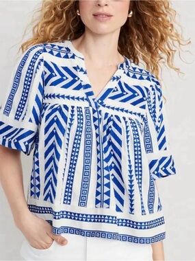 Old Navy Peasant Blouse Geometric Blue White Boho Size L